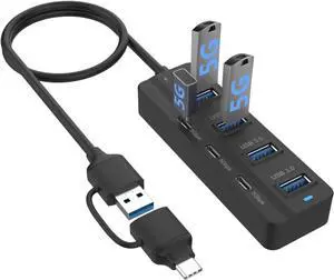 USB Hub 7-Port with USB-C, 5Gbps USB 3.0 Data Transfer Speed, Compatible with Desktop, Laptop, Gaming Devices