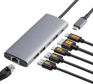 6-in-1 USB-C Hub with HDMI 4K 60Hz, USB 3.2, RJ45 Ethernet, 100W PD Charging, Silver