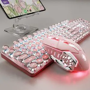 TK950 Wireless Typewriter Keyboard and Mouse Combo, 104 Keys Retro Typewriter Mechanical Keyboard with White Backlit, Anti-Ghosting, Blue Switch, Bluetooth/2.4G/Wired Cute Gaming Keyboards-Pink
