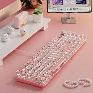 EWEADN Typewriter Style Mechanical Keyboard, Wired Typewriter Keyboards,104 Keys Backlit LED Metal Keyboards, Media Control Knob, Wired Computer Keyboard White Switch for Windows/Mac/PC-Dark Pink