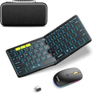 Foldable Keyboard and Mouse, Samsers KM08X Folding Bluetooth Keyboard Mouse Combo with Backlight, 2.4G + BT5.0 x 2, Full-Size Travel Keyboard & Portable Wireless Mouse for Windows iOS Mac OS Android