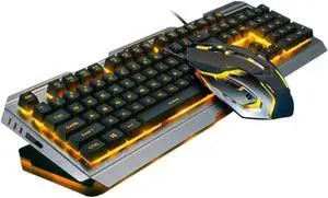 Mechanical Keyboard Mouse USB Wired Gamer Combo Yellow LED Backlit Metal Panel High-Elastic Floating Keys Multimedia Shortcut Function
