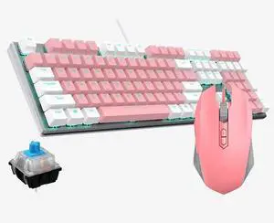 Keyboard Mouse Set Pink Keyboard Mouse Headset Three-Piece Mechanical Keyboard with 108 Keys E-Sports Universal Best Gift for Girls Friends (Color : Pink-Green Shaft)