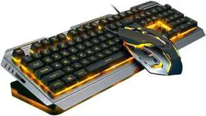 Mikinona USB Mechanical Hand-Feeling Keyboard and Gamer Mouse with Cool Yellow LED Backlit Tungsten Golden Metal Panel Multimedia Shortcut Keys Sandblasted Finish for Gaming and Office Use