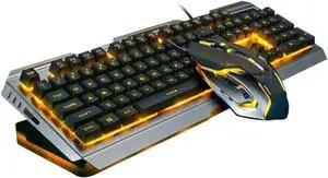 USB Mechanical Keyboard and Gamer Mouse with Cool Yellow LED Backlight Tungsten Golden Metal Panel High-Elastic Floating Keys Multimedia Shortcut Functions for Gaming