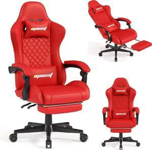 Gaming Chair,Ergonomic Computer Chairs for Adults with Footrest, PU Leather Office Chair with Adjustable Lumbar Support & Pocket Spring Cushion - Heavy Duty 400lb Capacity Gamer Chair (Red)