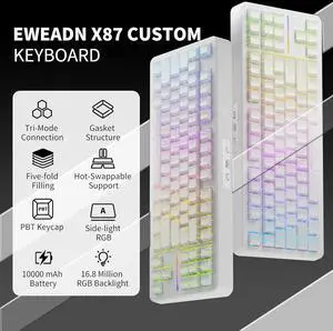 EWEADN X87 Wireless Mechanical Keyboard ASMR, 10000 mAh Battery, 75% Keyboard with Huano Arctic Switch BT5.0/2.4GHz/USB-C Topographic Keycaps Hot Swappable Custom Keyboards, Gasket Structure-White