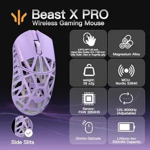 WLMOUSE Beast X Pro Ultra-Light 39g Magnesium Gaming Mouse, PAW3950 HS Sensor, 8K Polling Rate, 30000 DPI,OM & TTC Switches, Customizable Side Panels.(Soft Lilac(OM Switch-Side Slits))