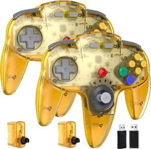 2 Pack Wireless N64 Controller for Switch Games, 2.4GHZ Rechargeable Wireless N64 Remote Joystick PC Game Controller Compatible with Raspberry Pi, N64 System, MAC, Windows 7,8,10,11 Clear Yellow