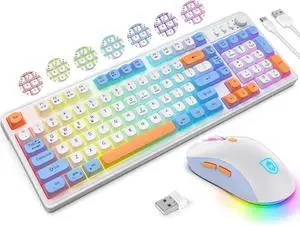 KOLMAX BT98 Wireless Keyboard and Mouse Combo,Triple Mode 2.4G/Wired/Bluetooth Gaming Keyboard and Mouse,Rechargeable Ergonomic RGB Backlit Light Up Keyboard Mouse with Knob for WinPC/Mac/Tablet White