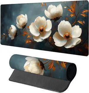 Flower Mouse Pad, Gaming Mouse Pad 48x24in, Desk Mat with Stitched Edges, Large Mousepad Waterproof, Gaming Accessories Keyboard Mat, Office Desk Accessories, for Gamer Computer Office, White F-4182