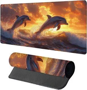 Dolphin Gaming Mouse Pad, Mouse Pad 48x24in, Large Desk Mat with Non-Slip Rubber Base, Office Desk Accessories, Large Extended Gaming Keyboard Mat, Big Mousepad for Computer Gamer Office, Yellow U-979