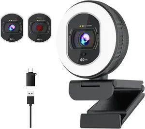 4K Webcam with Ring Light Web Cam 4K Autofocus with TOF Computer Camera 1080P 60FPS Web Camera Built-in Privacy Cover