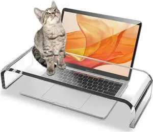 Acrylic Cat-Proof Laptop Stand & Keyboard Protector - 16" Clear Monitor Riser with Non-Slip Base (Supports 60lbs)