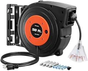 DEWENWILS Retractable Extension Cord Reel, 50 FT Heavy Duty Power Cord, 14AWG/3C SJTOW, 3 Grounded Outlets Lighted Triple Tap, 13 Amp Circuit Breaker, UL Listed