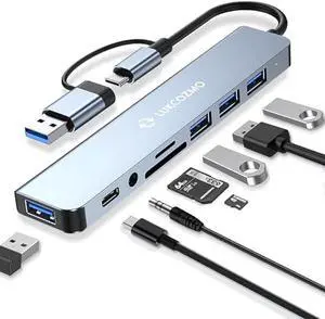 USB Hub USB C Hub USB Splitter 7 in 1 USB Extender with 4 USB Port 1 USBC Port TF/SD Card Reader Audio Output Compatible with MacBook/Pad Pro/Dell/HP Laptop/Phones