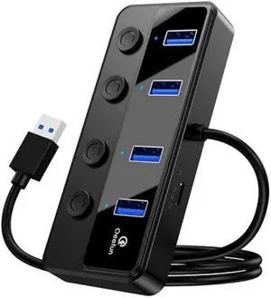 Qeefun 4-Port USB 3.0 Hub, Individual LED Power Switches, 5Gbps Data Transfer USB Splitter with 2ft Extension Cable, Multiple USB Extender for Laptop, PC, iMac, USB Flash Drives and More