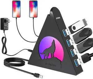 Powered USB Hub 3.0, 6-Port Hub(4 USB 3.0 Data Ports + 2 Smart Charging Ports) with 48W AC Adapter, RGB Wolf Light, Compatible with PC, Laptop, Mac, External Hard Drives, PS4, Fast Charging for Phone