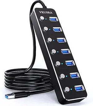 USB Hub, VKUSRA 7 Port USB Hub 3.0 with 4ft USB Long Cable, and Aluminum USB 3.0 Hub with Individual On/Off Switch and LED Indicator, USB Splitter for Laptop & PC, Power Adapter Not Included