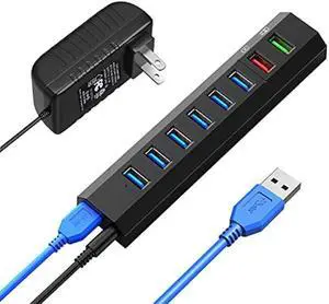 RAOYI Powered USB 3.0 Hub, 8 Ports High Speed USB 3.0 Hub Splitter with 36W Power Adapter, 3.3ft Cable and Smart Fast Charger USB Hub for Laptop, PC, Mobile HDD, Mulitple Devices (Black)