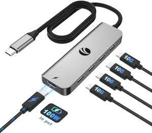VCOM 10Gbps USB C Hub5 Ports USB 3.2 Gen 2 Splitter with 100W Power DeliveryAluminum USB Type C to USB Hub Multiport Adapter for MacBook Pro/Air and More Thunderbolt/USB C Laptop (Gray)