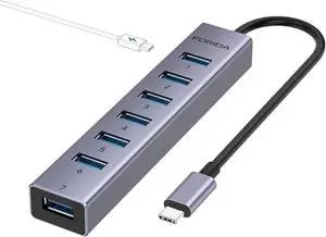 FORIDA USB C Hub-8 Port USB HUB with 7 USB3.0 Data Ports,Aluminum Alloy USBC Splitter with Type C 5V/3A Power Port Compatible with MacBook, iPad, Surface Pro, XPS, Laptop,PC (Gray,USB C-9.8in)