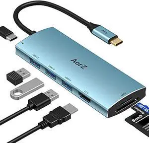 USB C Hub, USB Hub to HDMI Multiport AorZ USB c Dongle Adapter 7 in 1 with 4K HDMI Output, 3 USB 3.0 Ports,SD/Micro SD Card Reader, 100W PD,Compatible with Macbook,XPS and More Type Device(Light Blue)