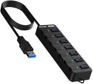 VEMONT 7-Port USB 3.0 Hub (Equipped with a 4-Foot Data Cable, Individual Switch, and Indicator Light, it Supports Data Transfer speeds of up to 5Gbps) Suitable for Desktop Computers and laptops.