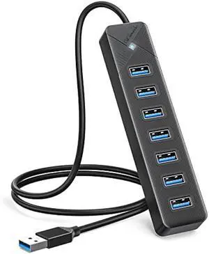 GiGimundo PG7U 7-Port USB 3.0 Hub with USB-C Power Input Port - 5Gbps Multiport USB Dock Splitter for PC, Desktop, PS4, PS5, Xbox, and More - 3.3ft Long Cable, Black