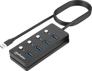 4 Port USB Extension Cable Hub with (5ft Long Cord)  USB 3.2 Powered USB Splitter On/Off Switches  USB Extender/Multiport Adapter for Desktop Computer, Laptop, PC Accessories
