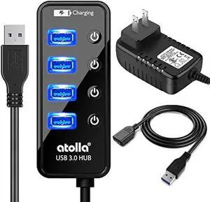 Powered USB Hub Long Cord, atolla USB 3.0 Hub 4 + 1 Data Transfer and Charging Multiport with Power Supply Adapter 15W (5V/3A) and 3.3ft Meter USB 3 Extension Cable Powered USB Hub Long Cord, atolla USB 3.0 Hub 4 + 1 Data Transfer and Charging Multiport with Power Supply Adapter 15W (5V/3A) and 3.3ft Meter USB 3 Extension Cable