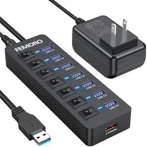 Powered USB Hub 3.0, 5Gbps Data Transfer 7 Ports and 12W Charging-only 1 Port with 5V/3A Power Adapter 4Ft Long Cable & Individual Switches for Laptop PC Flash Drive External SSD HDD Keyboard Mouse