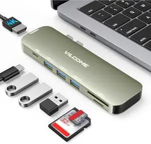 Vilcome USB C Hub for MacBook, 7-in-2 Multiport Adapter with Thunderbolt 3, 4K@60Hz HDMI, 3 USB 3.0 Ports, TF/SD Card Reader - Champagne