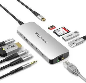 EZQuest USB-C Hub Docking Station 10 in 1 with 4K HDMI 60Hz, 1 GBS Ethernet, 2 USB C Gen 2 10Gbs, 1 PD 3.0, 2 USB-A 3.0, Audio Ports, SD/Micro SD, Compatible with USB Type C/Thunderbolt Computers
