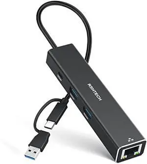 USB to Ethernet Adapter, RSHTECH USB 3.2 Gen 2 Hub with RJ45 Gigabit Ethernet, 10Gbps USB-C and 2 USB-A Data Ports, Aluminum USB Type C to LAN Network Adapter Splitter for Laptop and PC, RSH-ST310