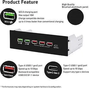 EZDIY-FAB 5.25in 10Gbps USB 3.1 Gen2 Hub and Type-C Port,Front Panel USB Hub with QC 3.0 Quick Charging