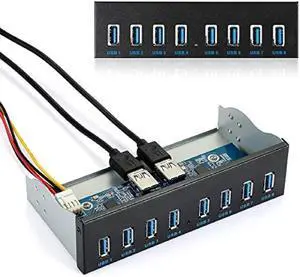 8-Port USB 3.0 Front Panel Hub Expansion Card - with 19-Pin & SATA Cables, 5 Mounting Screws - Compatible with Windows XP/7/8/10 & Linux - Desktop PC Internal USB Hub for Case Expansion