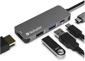 Verbatim 4-in-1 USB C Hub - Type C Hub w/ 60W Power Delivery, USB 3.0 Hub & 2.0 Ports, USB-C Hub w/ 4K HDMI Output, Compact & Portable USB Hub for Laptop