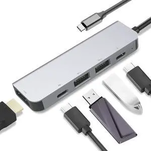 USB C Hub 5-in-1 Adapter with 2 USB 3.0, 2 USB-C Ports, 100W PD Charging, 5Gbps Data Transfer, 4K HDMI Support  Compatible with Laptops, MacBook, PS5, and More