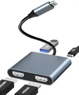USB C to Dual HDMI Adapter,USB C Splitter 2 Monitor Extended Display,HDMI Adapter for Dual Monitors,Type C HDMI Hub Multiple Monitors Docking Station for Laptop/Monitor Compatible with Thunderbolt