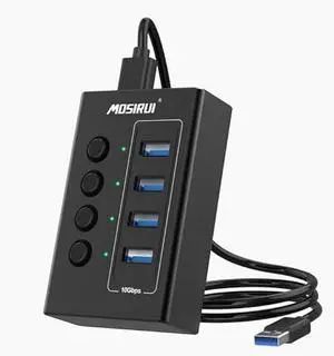 USB 3.2 Hub, 4 Ports USB Hub Multiport Adapter with 4×10Gbps Data Ports, Independent Switch, Aluminum Multi USB Port Extender Hub for Laptop,PC,Desktop,Printer,Camera,Keyboard and More