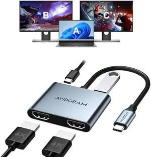 USB C to Dual HDMI Adapter 4K 30Hz, AVIDGRAM USB C Hub Multiport Adapter with Dual HDMI, USB 3.0, 100W PD, Support USB C to HDMI Splitter Extended Display for Laptop (MST is not Supported on macOS)