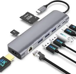 USB C Hub Multiport Adapter, 9 in 1 Docking Station Laptop with HDMI, Ethernet, 100W PD, 3 USB 3.0 Ports, USB-C Data Port, SD/TF Card Reader, Compatible with MacBook Pro/Air/Dell XPS/Lenovo
