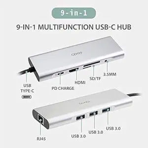 9-in-1 USB C Hub Multiple Adapter, 3 USB 3.0 Ports up to 5Gbps Transfer, 4K@30Hz HDMI, 60W PD, SD/TF Card Reader, 3.5mm Audio Jack & Ethernet, USB-C Hub for MacBook and Other Type-C Devices 9-in-1 USB C Hub Multiple Adapter, 3 USB 3.0 Ports up to 5Gbps Transfer, 4K@30Hz HDMI, 60W PD, SD/TF Card Reader, 3.5mm Audio Jack & Ethernet, USB-C Hub for MacBook and Other Type-C Devices