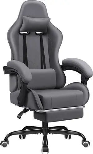 Gaming Chair Fabric with Massage Lumbar Support, Ergonomic Racing Video Game Chair with Adjustable Footrest and Headrest (Grey)