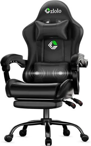 Gaming Chair, Ergonomic Office Computer Chair with Footrest and Lumbar Support Massager Racing Style High Back Video Gamer Chair, WideThick Cushion, 90°-135° Recline, Adjustable Height, Black
