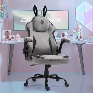 Gaming Chair with Removable Cute Bunny Ears, Desk Game Chair Adiustable Height Cloth for Girl, Ergonomic Computer Chair for Adult, Teen, Executive Design for Home and Office, Grey