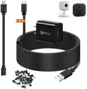 50ft Power Extension Cable Compatible with Blink Mini 2, Blink Mini and Blink Outdoor 4 Cameras - 15m Long Flat Micro USB Charging Cord with 30cm USB C Waterproof Adapter and 18W Fast Charger, Black