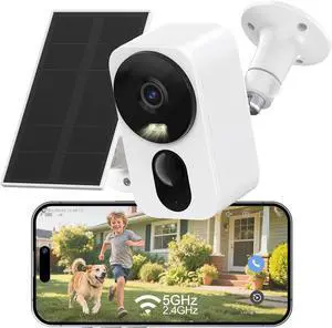 2.4G/5G WiFi 6 Wireless Outdoor/Indoor Security Camera, Solar Powered 2.5K 4MP, Cloud/SD Storage, Color Night Vision, AI Human Detection, Spotlight & Siren, 2-Way Talk, Dual Band, IP65