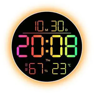 Adjustable Brightness RGB Wall Clock with Remote Control Date Temperature Humidity Display and Dual Alarm Timer